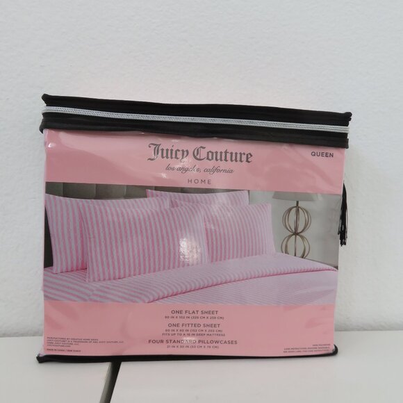 Juicy Couture JC Logo Pink & White Hearts Striped queen 6pc Sheet Set - Picture 4 of 6